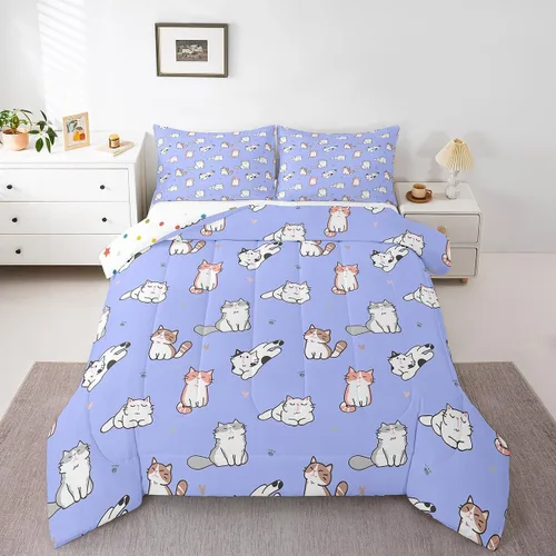 Miniatura 10 de Erosebridal Juego de edredón de tamaño matrimonial con diseño de gatos y gatos, lindo juego de ropa de cama Kawaii para niñas y niños