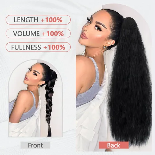 Miniatura 4 de S-noilite Extensión de cola de caballo larga con cordón, de 32 pulgadas, rizada, ondulada con clip, para mujer, cola de caballo rubia, ondulada