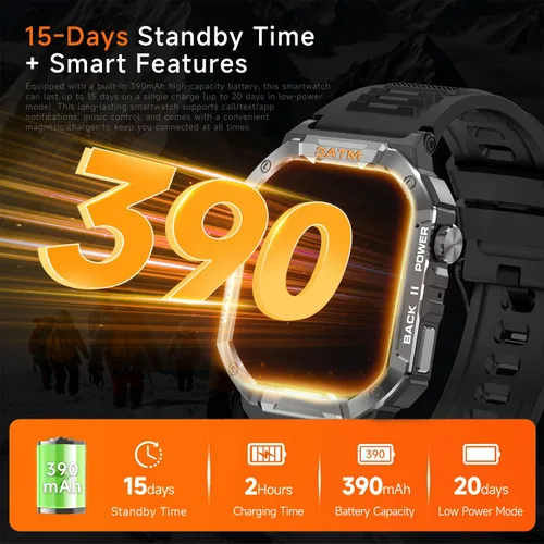 Miniatura 6 de Relojes inteligentes militares para hombres, reloj de fitness, IP68 impermeable 20 días de espera, pantalla de 2.02 pulgadas, reloj táctico