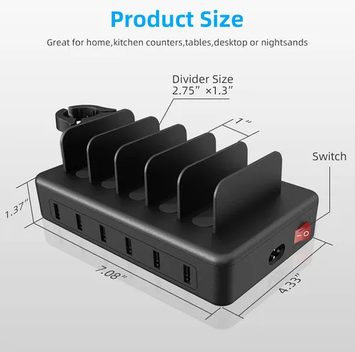 Miniatura 3 de Estación de Carga para Múltiples Dispositivos, CREATIVE DESIGN Estación de Carga USB 50W de 6 Puertos con Soporte para Apple Watch y 6 Cables