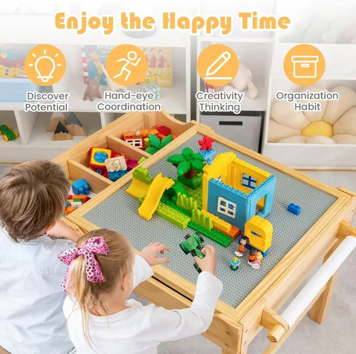 Miniatura 8 de HONEY JOY Mesa para niños, mesa de actividades de madera 2 en 1 con rollo de papel, mesa de bloques de construcción convertible, 3 compartimentos