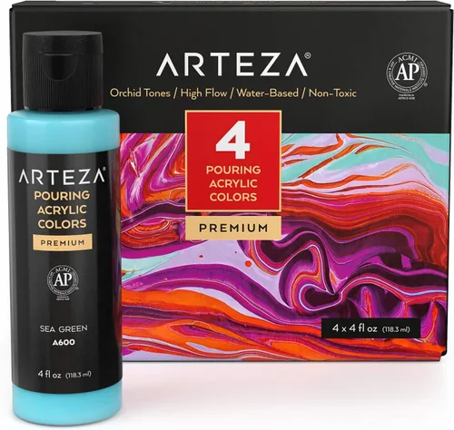 Miniatura 6 de ARTEZA Juego de 4 colores de pintura acrílica para vertido, botellas de 4 onzas, tonos aguamarina, pintura acrílica de alto flujo, suministros