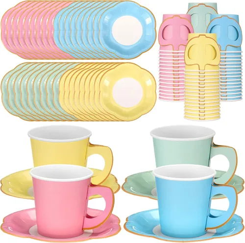 Miniatura 10 de Umigy 60 juegos de decoraciones para fiestas de té, 6.5 onzas, tazas de té de papel floral de hadas con asa y platos, juegos de tazas de té y Azul