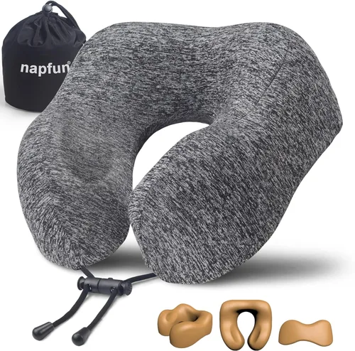 Miniatura 16 de NapFun - Almohada de cuello para viajes, mejorada para viajar por avión 100% espuma viscoelástica para dormir y descansar durante los vuelos, Gris