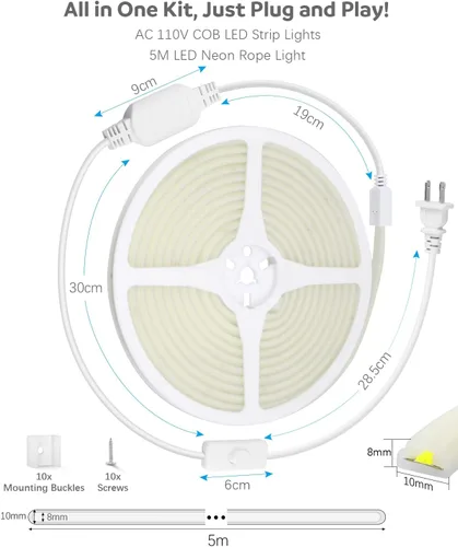 Miniatura 5 de ALITOVE Tiras de Luces LED de 110V 120V Impermeables 16.4ft Estilo COB Súper Brillantes Luz Blanca Diurna Tiras de Luces LED 6000K CRI90+