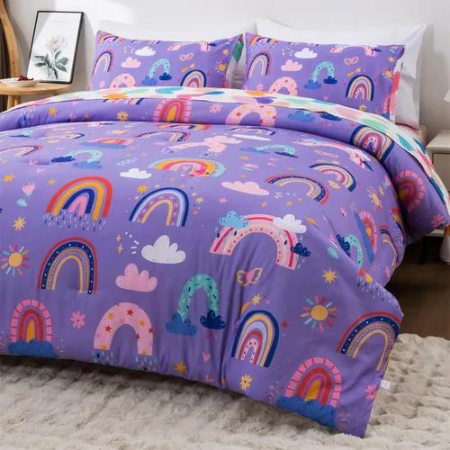 Miniatura 6 de Holawakaka Juego de edredón bohemio de arcoíris individual con sábanas, juego de ropa de cama bohemio de 5 piezas con corazón y estrella para niñas