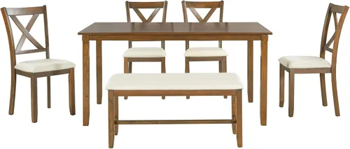 Miniatura 21 de LUMISOL Juego de 6 mesas de comedor de estilo rústico para 6, mesa de cocina de madera maciza de 60 pulgadas con banco y 4 sillas, acabado marrón