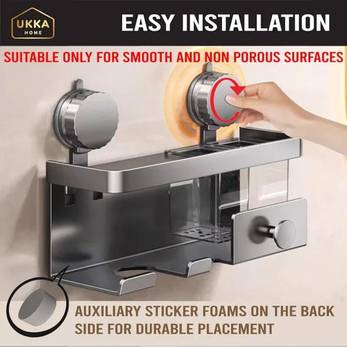 Miniatura 7 de Soporte de aluminio para secador de pelo con ventosa. Estante organizador de almacenamiento con estante para accesorios y herramientas para el baño.