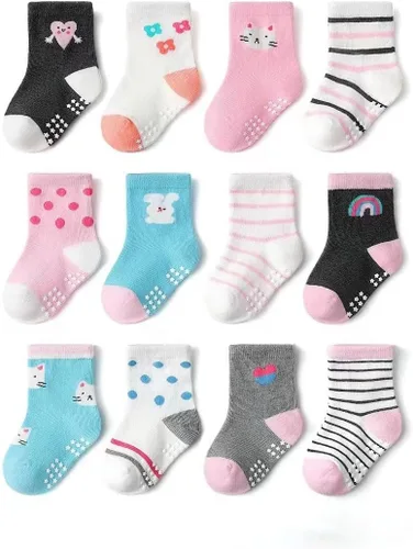 12 pares de calcetines antideslizantes con agarres, divertidos calcetines de tobillo para niños y niñas de 1 a 7 años