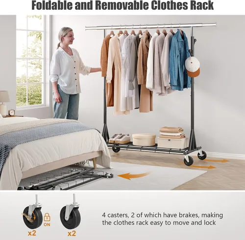 Miniatura 5 de Gewudraw Estante de ropa resistente con carga de 900 libras, estante comercial de doble barra con ruedas y estantes resistentes, estante colgante