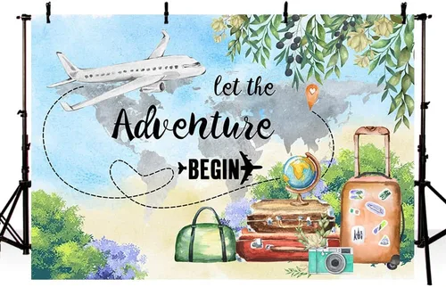 Miniatura 2 de MEHOFOND Let The Adventure Begin - Telón de fondo para baby shower, viaje, cumpleaños, graduación, fiesta de jubilación, pancarta de avión
