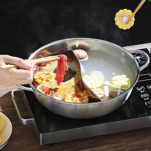 Miniatura 7 de Tofficu Olla caliente de acero inoxidable de 11.02 pulgadas con divisor de doble cara para inducción y estufa de gas, cocina para el hogar