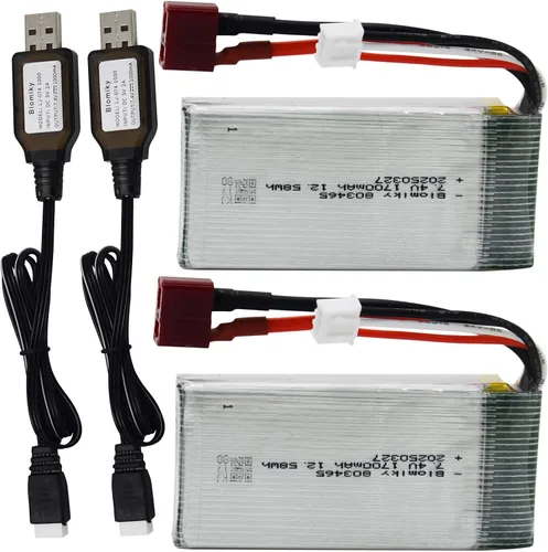 Miniatura 3 de Blomiky Paquete de 2 baterías Lipo de 7.4V 1600mAh 12.58Wh 30C con enchufe T y cables USB para camiones RC a escala 1:10 200E 9200 9200E 9205E 9206E
