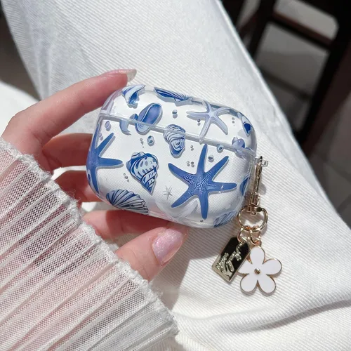 Miniatura 3 de MINSCOSE Compatible con AirPods Pro de 2ª/1ª generación, bonito diseño de patrón de conchas y estrellas de mar con llavero, funda protectora de TPU