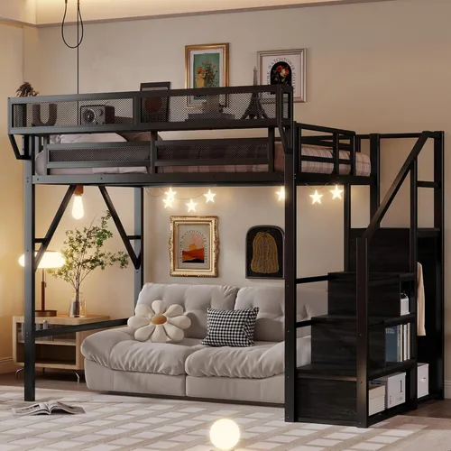 Miniatura 13 de Base de cama Queen Loft con escaleras y almacenamiento, marco de cama de metal resistente, capacidad de 800 libras, para adultos y adolescentes