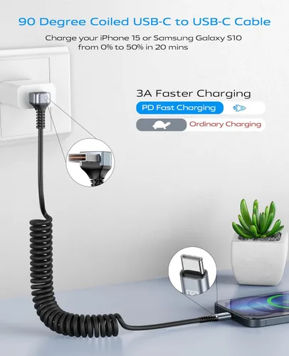 Miniatura 2 de Cable USB A a USB C de 90 grados, paquete de 2 cables USB tipo C en espiral de 3 pies para automóvil, cable de carga rápida USB-C compatible