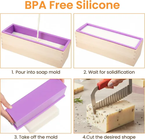 Miniatura 5 de Kit de 2 moldes rectangulares de jabón para pan con caja de madera, molde de silicona flexible de 42 onzas, cortador de acero inoxidable ondulado