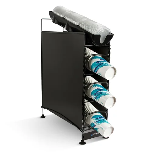 San Jamar Wirewors Dispensador de tazas y tapas, 3 dispensadores de tazas y 1 organizador de tapa con paneles laterales para cocinas, restaurantes y