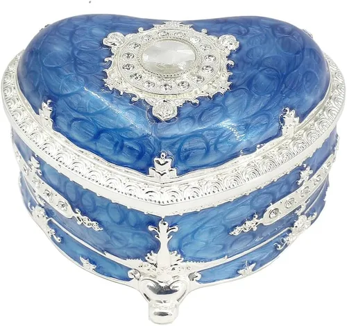 Miniatura 3 de ROSIKING Caja de música de aleación de metal en relieve en forma de corazón azul, caja musical antigua para joyería con cuerda, regalos