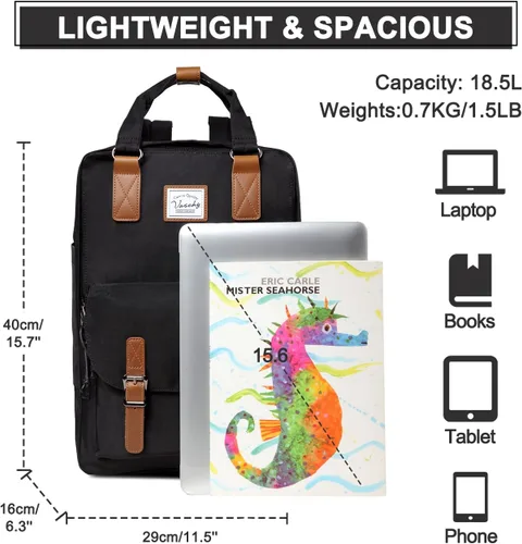 Miniatura 2 de VASCHY Mochila para computadora portátil para mujeres/hombres, mochila de viaje de trabajo de 15.6 pulgadas, mochila vintage resistente al agua
