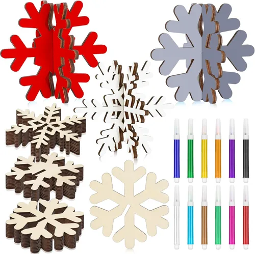 Huwena 48 piezas de copos de nieve de madera de Navidad para manualidades a granel con 24 marcadores de colores 3D sin terminar copo de nieve