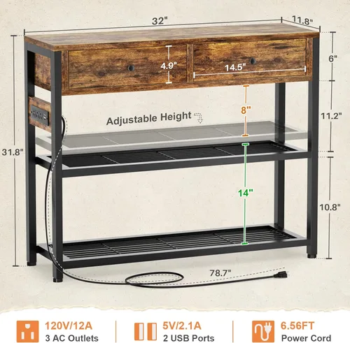 Miniatura 3 de Ecoprsio Mesa de entrada con salidas y puertos USB, mesa consola con 2 cajones, mesa de sofá pequeña con estantes de almacenamiento para sala