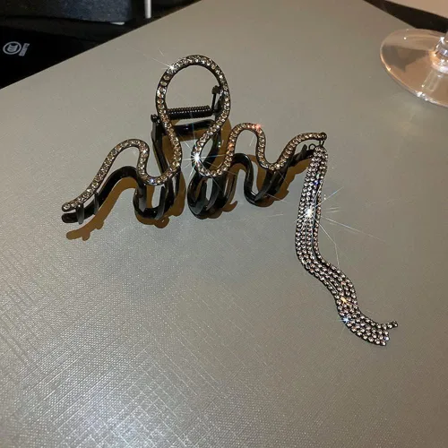 Miniatura 6 de Jumwrit Pinza para el cabello, pinza de pelo grande con diamantes de imitación, pinza de metal de sujeción fuerte con cadena larga de borlas, pinza