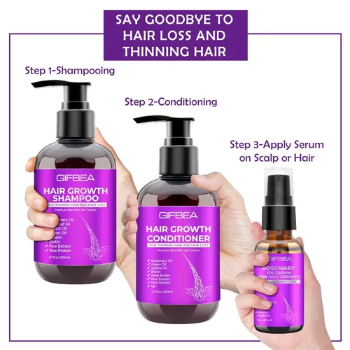 Miniatura 6 de Set de champú y acondicionador para el crecimiento del cabello con aceites de romero, biotina, argán y ricino para cabello adelgazante, dañado