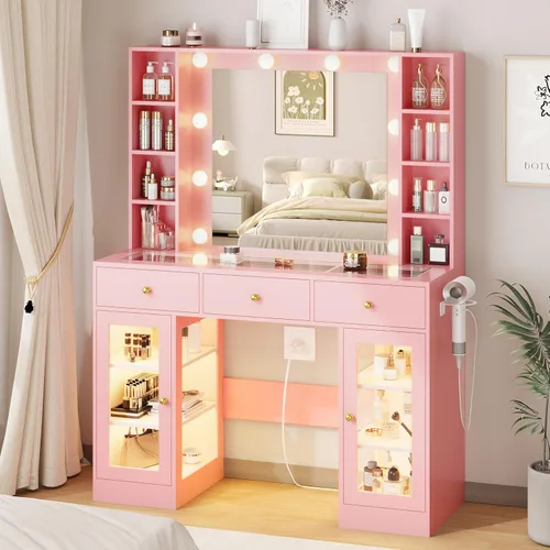 Miniatura 15 de HUANLEGO Tocador Negro con Espejo y Luces, Tocador con Superficie de Cristal con Espejo Iluminado y Gabinete de Vidrio RGB y 3 Cajones, Tocador
