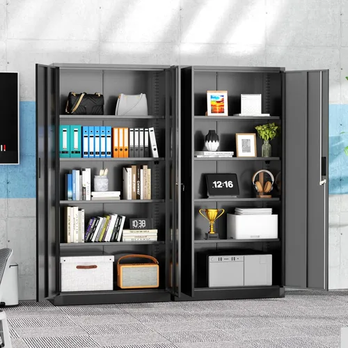 Miniatura 2 de Superday Gabinete de almacenamiento de metal, armarios de almacenamiento de garaje de 72 pulgadas con cerradura, gabinete de metal negro con 2