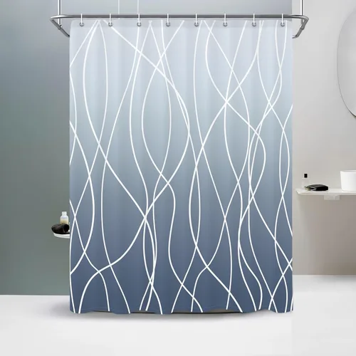 Miniatura 46 de Juego de cortinas de ducha azul egeo para baño con ganchos, cortinas de baño decorativas repelentes al agua y lavables con rayas blancas, 72 x 72