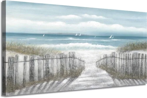 Miniatura 17 de Lienzo decorativo para pared, camino de playa: camino de arena con pintura de valla a la costa, impresiones artísticas para baño