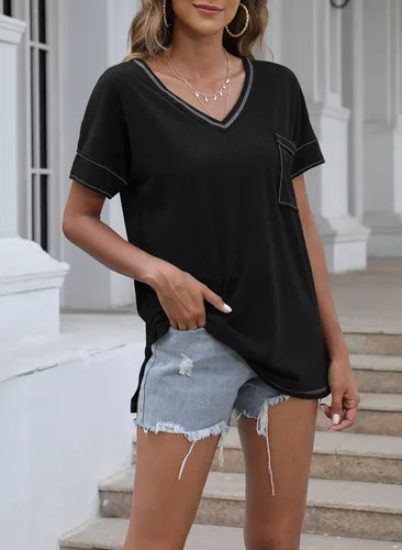 Miniatura 2 de INFITTY Blusas de verano para mujer, manga corta, abombada, cuello en V, ajuste holgado