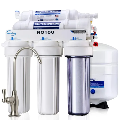 iSpring RO100 Sistema de filtrado de agua potable de 5 etapas por ósmosis inversa bajo el fregadero de alta capacidad 100 GPD, flujo rápido,