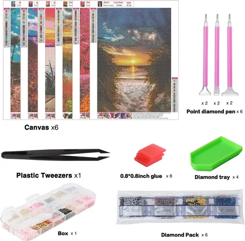 Miniatura 5 de abcGoodefg Kit de pinturas de arte de diamantes, 6 paquetes, kits de arte de diamantes 5D para adultos, juego de paisaje, pintura redonda de taladro