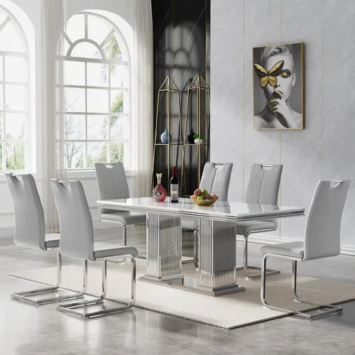 Miniatura 14 de 5 Piece Black Marble Dining Table Set for 4, Modern Faux Marble Kitchen Dining Room Tables with 4 Leather Chairs Set, 68.11" Luxury Rectangular