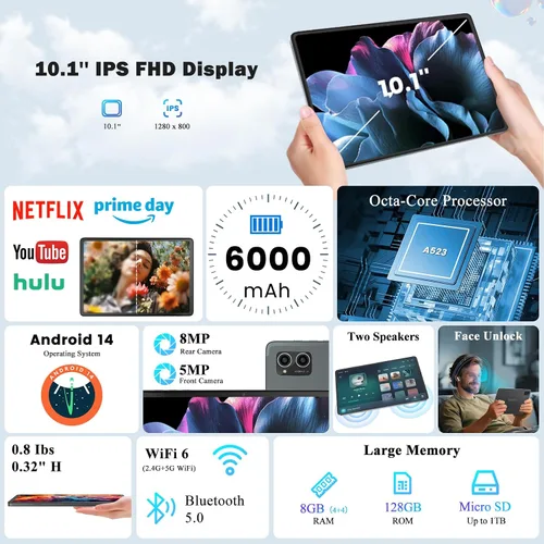 Miniatura 2 de Tablet Android 14, tableta de 10.1 pulgadas, procesador A523 Octa Core, 8GB+128GB+1TB Expandir tabletas de computadora, batería de 6000mAh, pantalla