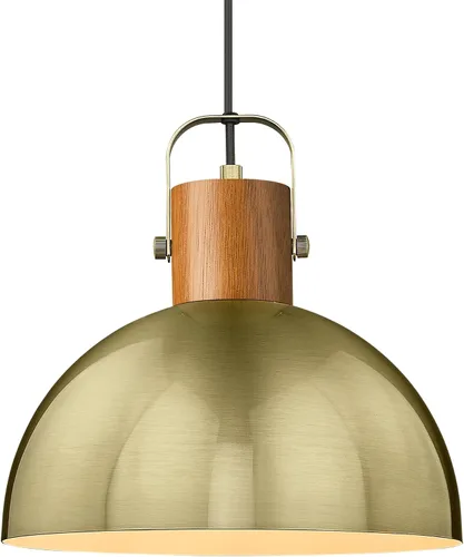 ELYONA Lámpara Colgante de Cúpula, Lámpara Colgante de Madera de Caucho de 12 pulgadas con Pantalla de Metal Dorado Vintage, Lámparas Colgantes