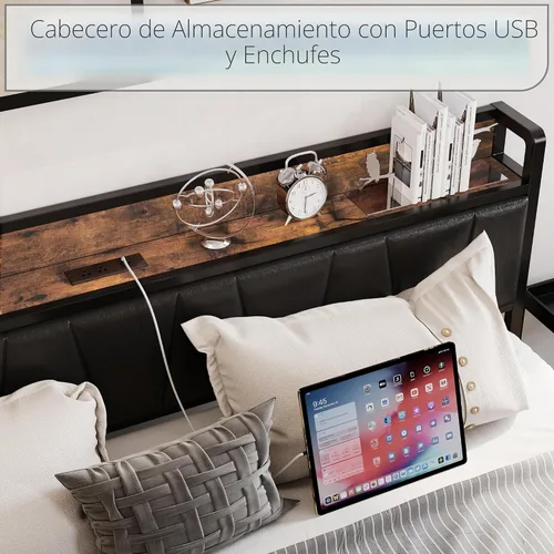 Miniatura 5 de LIKIMIO Marco de Cama Queen, Cabecero de Almacenamiento con Estación de Carga, Sólido y Estable, Sin Ruido, No Necesita Somier, Fácil Montaje