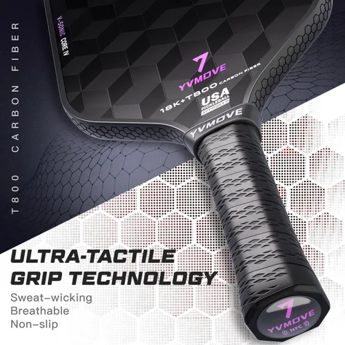 Miniatura 7 de YVmove T800 Carbon Fiber Pickleball Paddle with 16mm Dynamic Core, Premium Pickle Ball Thermoformed Unibody, Elongated Shape, Enhanced Power & Gris