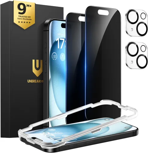 UNBREAKcable Protector de pantalla de privacidad para iPhone 15 (6.1 pulgadas), paquete de 2 + 2 protectores de lente, antiespía de 25°, dureza 9H,