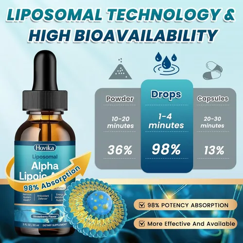 Miniatura 6 de Gotas líquidas de ácido alfa lipoico liposomal, 600 mg, suplementos de neuropatía líquida para nervios, energía y apoyo metabólico con benfotiamina
