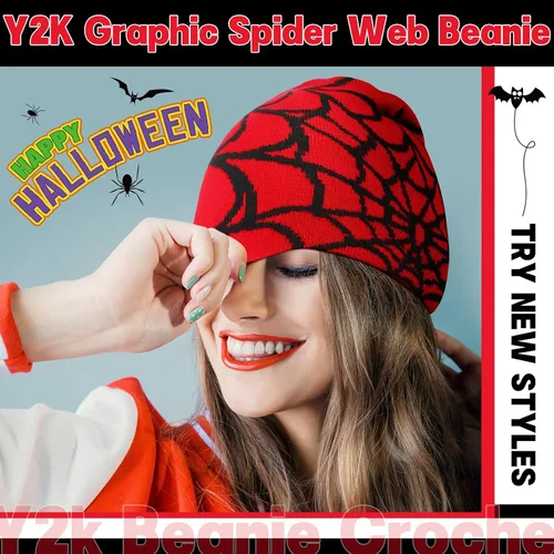 Miniatura 5 de Gorros Y2K Y2K con patrón de telaraña, gorro de punto acrílico gótico, gorro de punto casual para hombre