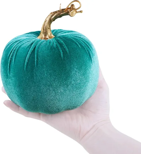 Miniatura 2 de Winlyn 4 calabazas decorativas de terciopelo rústico sintético, color verde, verde azulado, blanco, 5 pulgadas, para regalos, otoño, boda, Acción