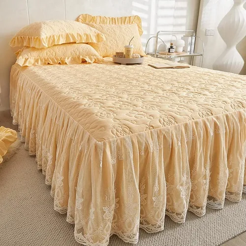 Miniatura 8 de Colcha acolchada de algodón brocado con patrón de flores, falda de cama con volantes, tamaño Queen, amarillo claro