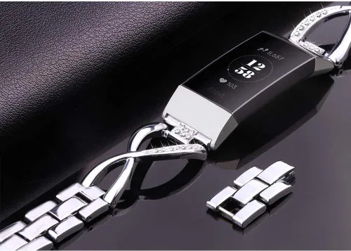 Miniatura 6 de Bandas compatibles con Fitbit Charge 2, bandas de metal con diamantes de imitación brillantes de repuesto para mujer, plata, oro rosa, negro plateado