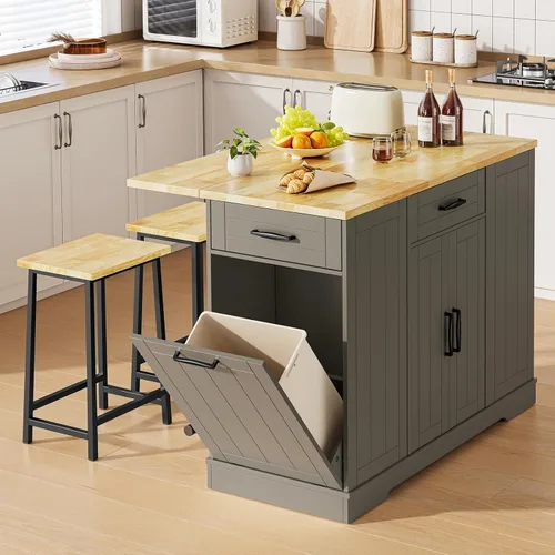 Miniatura 9 de ONBRILL Islas de Cocina Estacionarias Incluyen 2 Sillas, Isla de Cocina de 47" con Hoja Abatible, Mesa de Bar para el Hogar con Estante de Especias