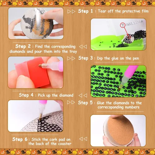 Miniatura 7 de Praise V Do Juego de 6 posavasos de pintura de diamante con soporte de base de corcho, posavasos de calabaza de Halloween, kit de pintura