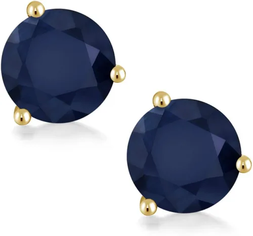 Miniatura 2 de Gem Stone King Aretes de tuerca de oro amarillo de 14 quilates con zafiro azul para mujer de 3 puntas con rosca trasera para mujer