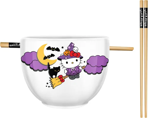 Silver Buffalo Sanrio Hello Kitty - Cuenco de arroz de cerámica con palillos para ramen, bruja espeluznante de Halloween, apto para microondas, 20